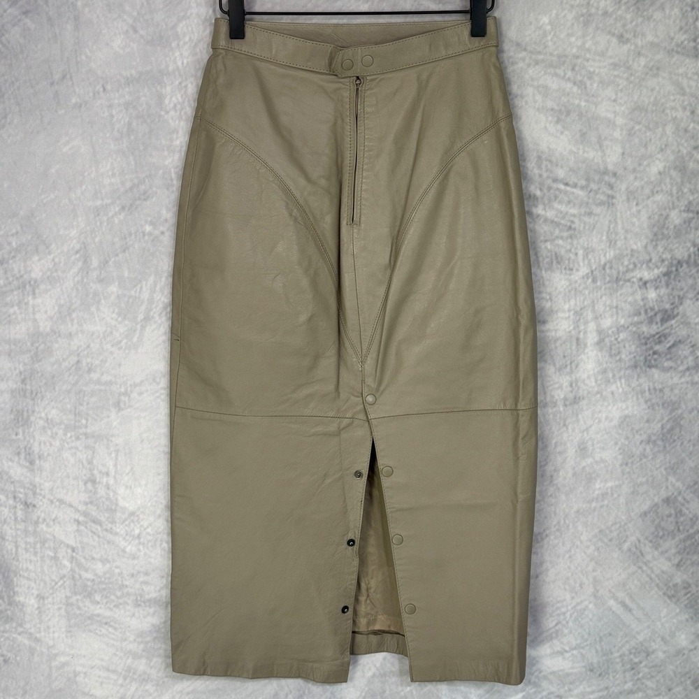 Vtg 80s 90s Tarazzia Leather Pencil Skirt Womens 7/8 Minimalist Tan Midi chic